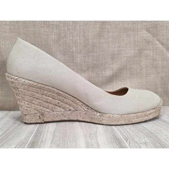 J Crew Beige Cream Canvas Woven Wicker Seville Espadrilles Wedge Heel Size 10.5 - Picture 4 of 10